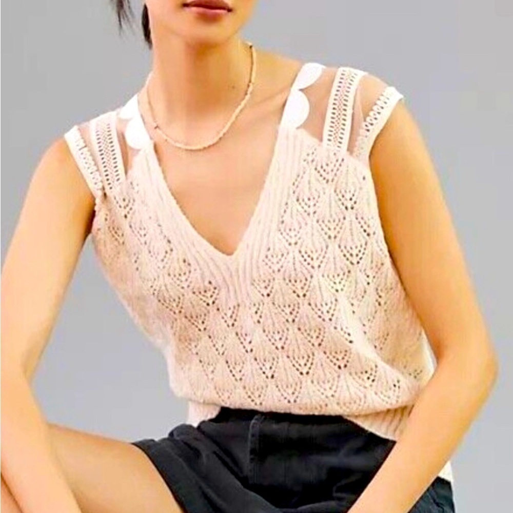 Anthropologie Maeve Cream Knit Embroidered Vest